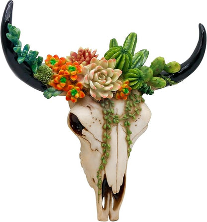 alikiki Rustic Western Home Decor - Tribal Wall Decor Western Long Horn Bull Skull Wall Decor Cow Buffalo Skull Bison Animal Head Wall Hanging Wall Arts w/Succulents for Bedroom Living Room Cold Cast Resin Figurines