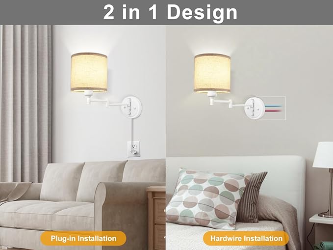GOODATE Plug in Wall Sconces with Remote Control, Dimming, Adjustable Colors 2700K-6500K, Hardwire or Plug-in, Swing Arm Wall Lamp with Linen Fabric Shade, Wall Sconces Set of Two, White Finish