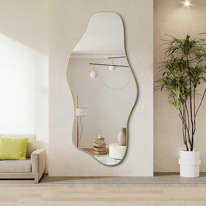 Irregular Mirror Full Length, 67"x31" Large Asymmetrical Tempered Glass Mirror, Gold Organic Frameless Wall Mirrors for Living Room Bedroom Hallway Entryway, Horizontal or Vertical Hanging