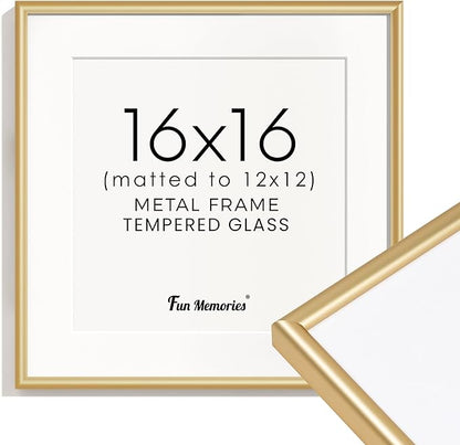 Fun Memories 16x16 Picture Frame Gold, 16" x 16" Aluminum Frame with Mat for 12" x 12", 16x16 Square Metal Frame with Tempered Real Glass