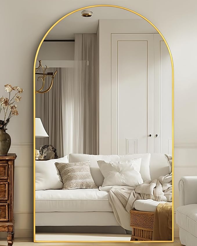 44"×88" Arched Full Length Floor Mirror, Standing Mirror with Aluminum Frame, Large Body Mirror of Free Standing/Wall Mount/Leaning for Bedroom, Living Room, Dressing Room, Gold