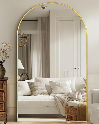 44"×88" Arched Full Length Floor Mirror, Standing Mirror with Aluminum Frame, Large Body Mirror of Free Standing/Wall Mount/Leaning for Bedroom, Living Room, Dressing Room, Gold