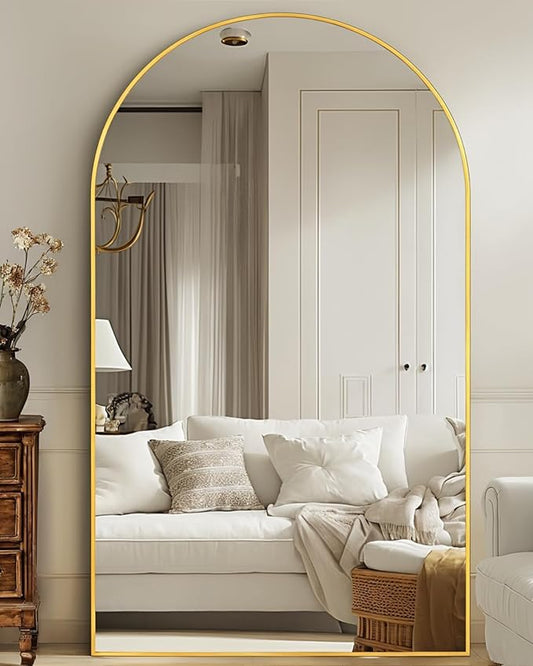 44"×88" Arched Full Length Floor Mirror, Standing Mirror with Aluminum Frame, Large Body Mirror of Free Standing/Wall Mount/Leaning for Bedroom, Living Room, Dressing Room, Gold