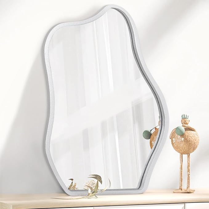 Modern Asymmetrical Mirror Unique Irregular Wooden Framed Mirror for Wall Hanging Mirror Artistic Cloud Shape Wall Mirror Decor Bathroom Bedroom Living Room Entryway Hallway Small