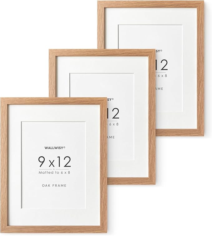 9x12 Wood Frame, Solid Oak 9x12 Picture Frame with Mat to 6x8, Natural Oak 12x9 Frames, Set of 3