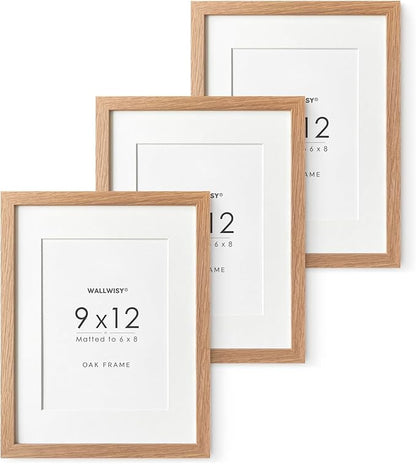 9x12 Wood Frame, Solid Oak 9x12 Picture Frame with Mat to 6x8, Natural Oak 12x9 Frames, Set of 3