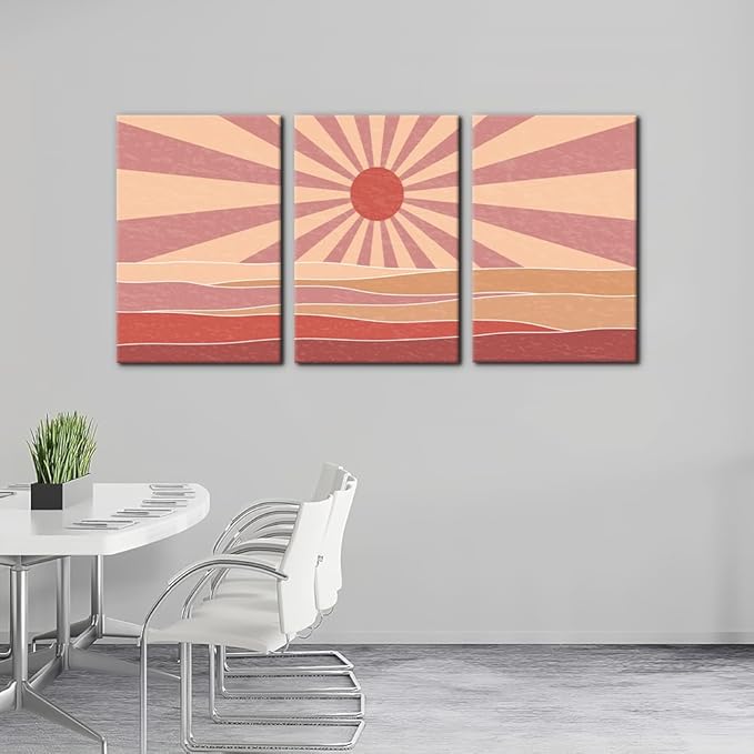 Pacimo 3 Pieces Boho Canvas Wall Art - Framed Canvas Wall Art Prints Sun Rising on the Sea Design - Modern Artwork for Home Decor, Neutral Boho Wall Decor for Living Room Bedroom Office - 16"x24"x3