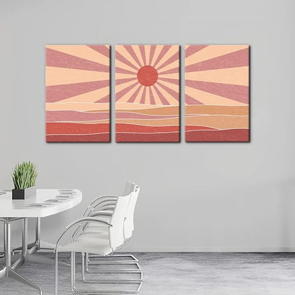 Pacimo 3 Pieces Boho Canvas Wall Art - Framed Canvas Wall Art Prints Sun Rising on the Sea Design - Modern Artwork for Home Decor, Neutral Boho Wall Decor for Living Room Bedroom Office - 16"x24"x3