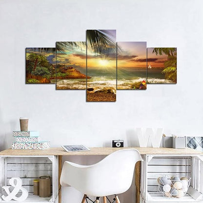 Yatsen Bridge Sea Landscape Wall Art Set Beach Waves Palm Sunset Modern Pictures Painting on Canvas Scene of Sea Artwork for Living Room Bedroom Home Decor Framed Ready to Hang - 50''W x 24''H