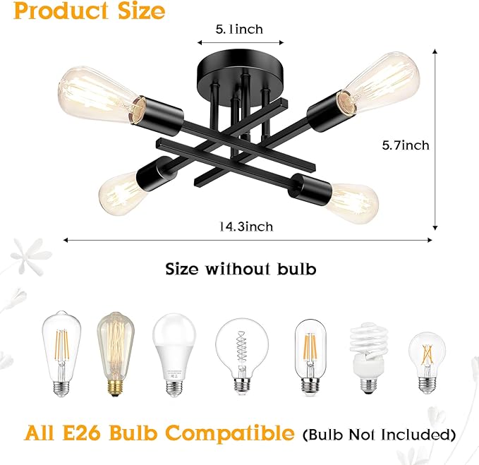TOBUSA Semi Flush Mount Ceiling Light Fixture Matte Black, Modern Sputnik Close to Ceiling Light, Chandelier Light Fixture Ceiling for Bedroom Kitchen Living Room Dining Room, 4 Light E26 Socket