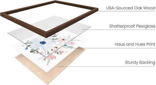 HAUS AND HUES Flower Wall Art - Set of 4 Framed Floral Paintings (8x10, Walnut Frame)