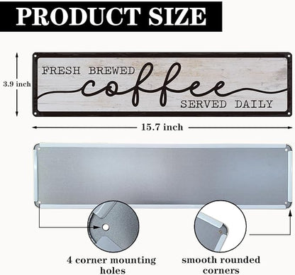 Coffee Metal Tin Signs, Fresh Brewed Coffee Served Daily Sign, Coffees Decoration for Cafe Bar Coffees Station, Kitchen, Restaurant, Hotel, Decorative Metal Wall Signs 15.8x4 Inches