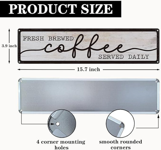Coffee Metal Tin Signs, Fresh Brewed Coffee Served Daily Sign, Coffees Decoration for Cafe Bar Coffees Station, Kitchen, Restaurant, Hotel, Decorative Metal Wall Signs 15.8x4 Inches