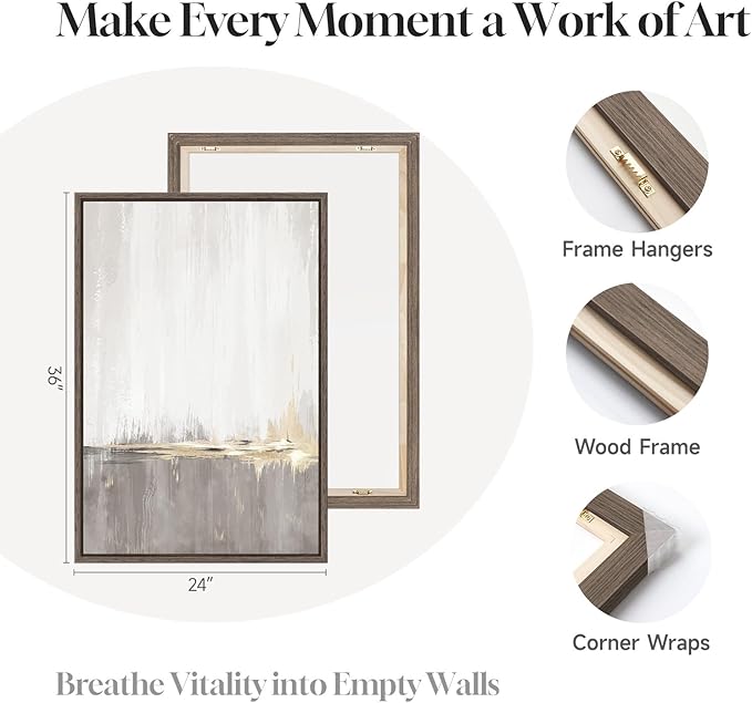 Framed Grey White Abstract Wall Art for Living Room, 3 Piece Large Gold Neutral Canvas Prints Artwork for Walls, Gray Modern Minimalist Paintings Pictures for Home Office Hallway Wall Decor, 24X36 In