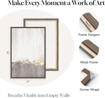 Framed Grey White Abstract Wall Art for Living Room, 3 Piece Large Gold Neutral Canvas Prints Artwork for Walls, Gray Modern Minimalist Paintings Pictures for Home Office Hallway Wall Decor, 24X36 In
