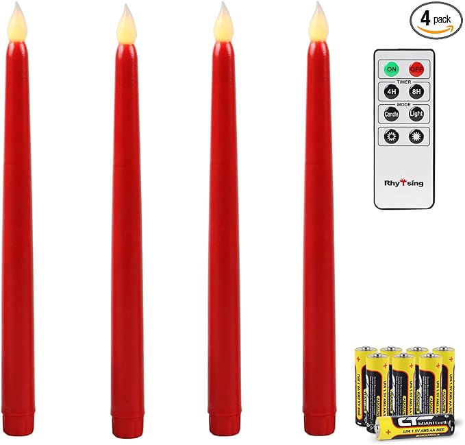 Rhytsing Red 10.8" Flameless Taper Candles with Timer, Battery Operated Candles with Remote, Smooth Wax Finish, Warm White LED, 8 Batteries Included - Set of 4