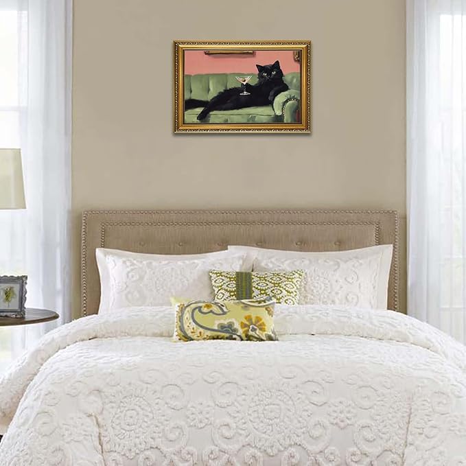 YD&YZY Gold Framed Funny Cat Wall Art Canvas Black Cat Martini Vintage Quirky Humor Bar Cart Wall Decor Cute Animal Painting Picture Print Artwork for Bedroom Living Room Bathroom 16x24 inch Framed