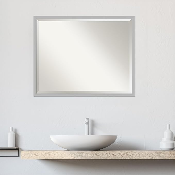 Amanti Art Silver Bathroom Mirror for Over Sink, 23x29 Hera Chrome Rectangle Vanity Mirror, Large Modern Frame, Hangs Horizonally and Vertically, Bathroom Wall Decor, Beveled Edge