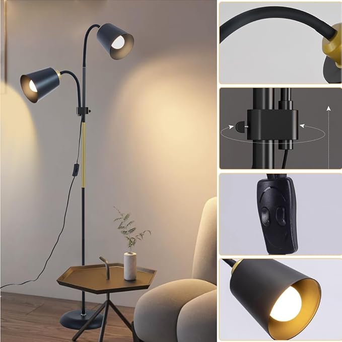 Floor Reading Lamp, Industrial Metal Floor Lamps for Living Room with Adjustable Bendable, 2 in 1 Reading Table Lamps for Living Room Bedroom Office, 12W Bulbs Included (White-2 Heads)