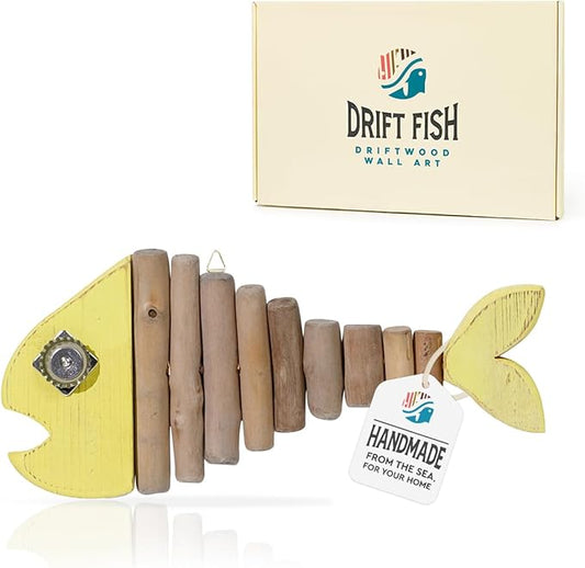 Driftwood Fish Nautical Wall Decor - Handmade Wooden Rustic Coastal Wall Art for Living Room, Bedroom, Office, Bathroom - Ocean Beach Decoration (Pixie)