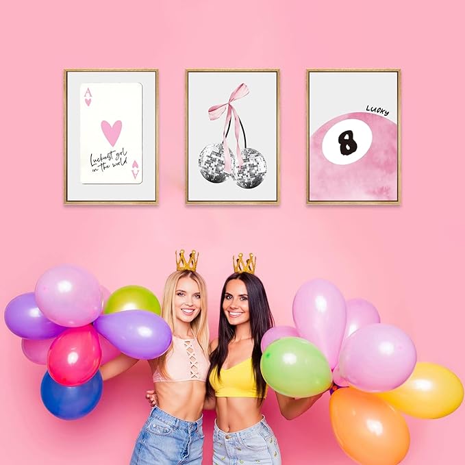 JBZZD Pink Coquette Canvas Wall Art Set of 3 Trendy Preppy Disco 8 Ball Cherry Wall Decor Posters Room Decor Prints Pictures for College Apartment Girls Bedroom Living Room Unframed 16x24 In