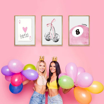 JBZZD Pink Coquette Canvas Wall Art Set of 3 Trendy Preppy Disco 8 Ball Cherry Wall Decor Posters Room Decor Prints Pictures for College Apartment Girls Bedroom Living Room Unframed 16x24 In