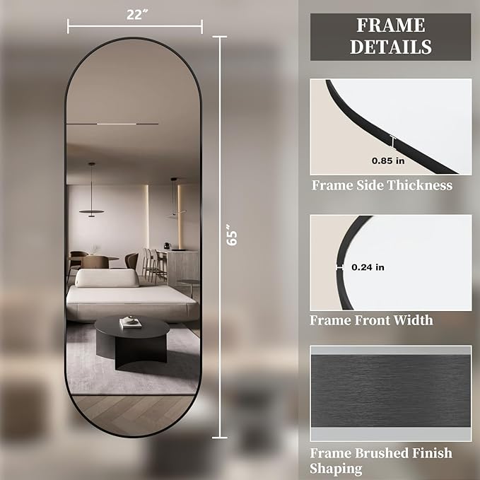 Oval Full Length Mirror, 65"×22" Wall-Mounted Mirror with Metal Frame, Ultra-Clear Explosion-Proof, Simple and Classic Deco for Cloakroom/Bedroom/Living Room, Black