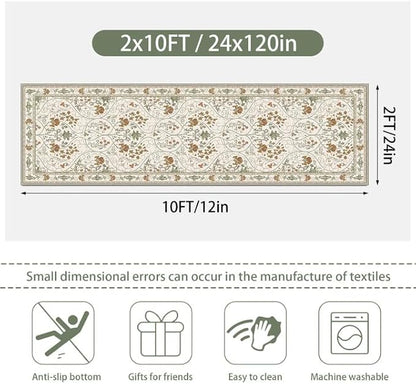 Floral 2x10 Runner Rug with Non Slip Low Pile Washable Entryway Rug,Soft Vintage Runner for Hallway Kitchen Living Room Bedroom Bathroom,Beige White