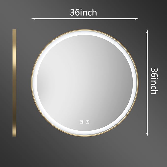 Itrue 36 Inch LED Bathroom Round Mirror, Gold Metal Frame, Adjustable Color Temp & Brightness,Anti-Fog,Shatter-Proof Tempered Vanity Mirror for Wall