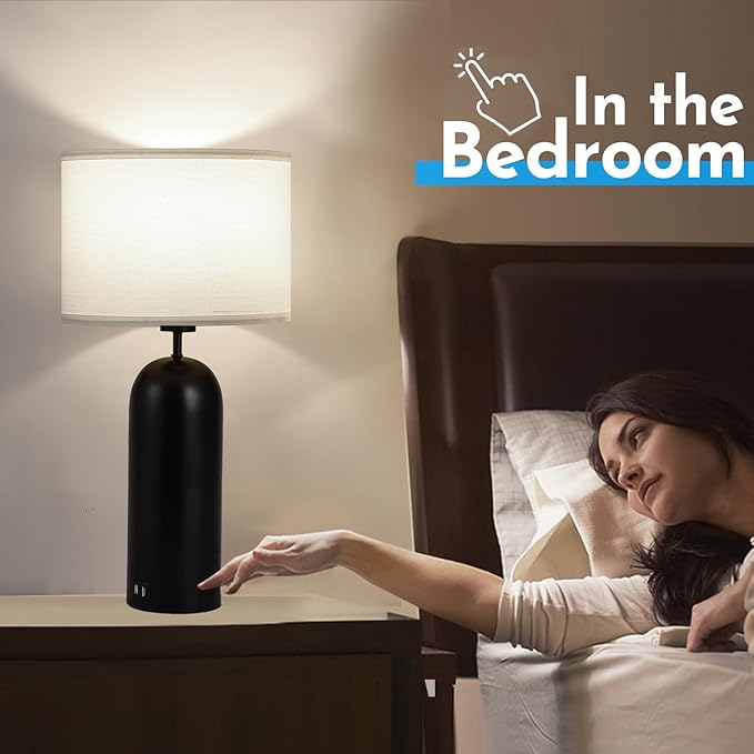 MoMyofdy 22-inch Tall Table Lamps - Set of 2 Black & White Touch Control 3-Way Dimmable Lamps with USB A+C Ports for Bedroom or Living Room