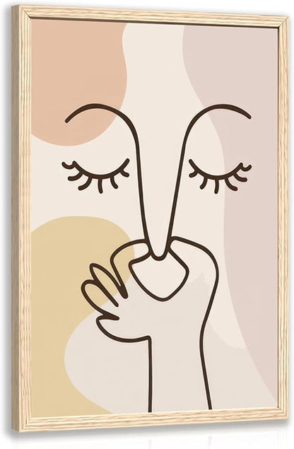 Cyebmo Boho Funny Bathroom Wall Art, Abstract Minimalist Face Line Art Wall Decor, Neutral Aesthetic Art Print, Modern Beige Poster Painting for Bedroom Living Room, Wood Framed 12x16 Inch