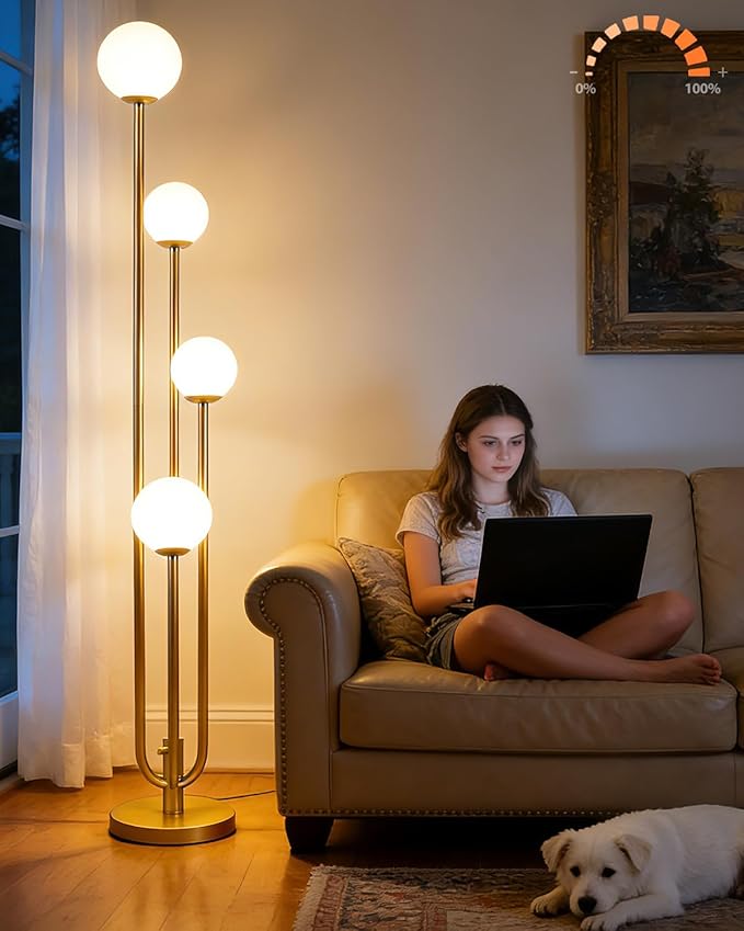 63IN 4-Light Dimmable Floor Lamp, Unique Gold Tall Standing Lamps with 3000K Bulbs for Reading, Mid Century Modern Floor Lamp with 5Lbs Heavy Base for Living Room Bedroom Home Office