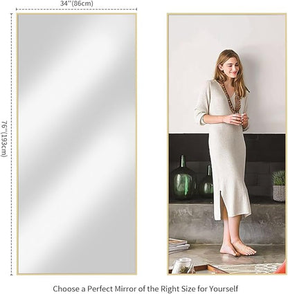 Koonmi 76"x34" Floor Mirror Full Length, Bedroom Floor Body Mirror with Stand, Large Gold Mirror, Leaning, Standing or Hanging Horizontally/Vertically