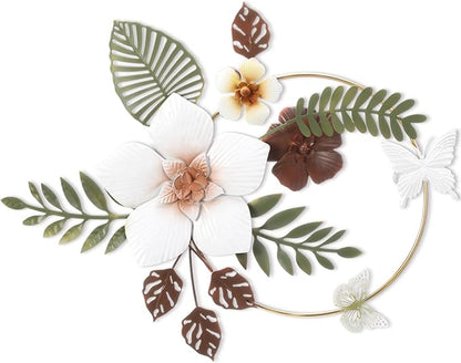 3D Metal Flower Wall Decor - 13.78'' Gold Circle Floral Wall Art with Green Tropical Leaves and Butterflies, Modern Boho Rustic Hanging Sculpture for Living Room Bedroom Bathroom Entryway Kitchen
