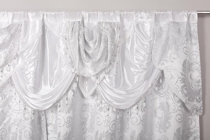 GLORY RUGS Jacquard Luxury Window 2 Panel Set White Curtain with Attached Valance and Backing Bedroom Living Room Dining 2 Curtains 55x84 inches Each Jana