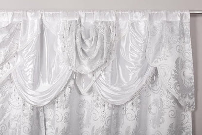GLORY RUGS Jacquard Luxury Window 2 Panel Set White Curtain with Attached Valance and Backing Bedroom Living Room Dining 2 Curtains 55x84 inches Each Jana