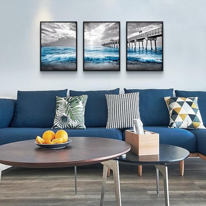 Black Framed Wall Decorations For Living Room 3 Piece Canvas Wall Art For Bedroom Office Wall Decor Black And White Wall Painting Blue Ocean Sea Wave Pictures Artwork For Posters Prints Home Decor