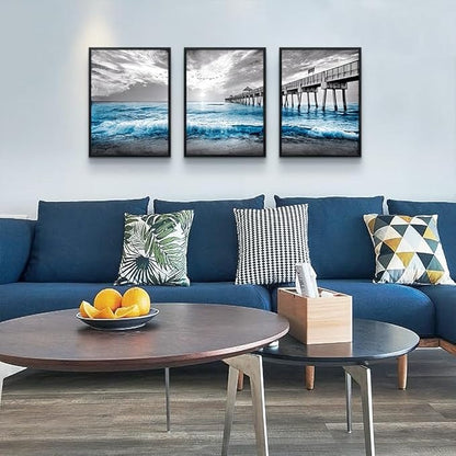 Black Framed Wall Decorations For Living Room 3 Piece Canvas Wall Art For Bedroom Office Wall Decor Black And White Wall Painting Blue Ocean Sea Wave Pictures Artwork For Posters Prints Home Decor