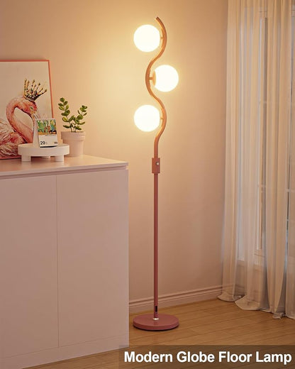 Lightdot 60IN Dimmable Pink Floor Lamp Mid Century Standing Lamps with 3Pcs 3000K Warm White Bulbs Included Dimmable Globe Modern Tall Lamp with 5Lbs Heavy Base for Bedroom/Sofa Beside/Corner Decor