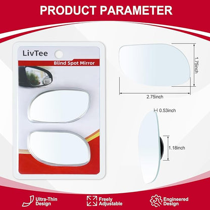 LivTee Blind Spot Mirrors, HD Glass Frameless Convex Rear View Mirrors, Wide Angle Adjustable Stick for Side Mirror, Automotive Exterior Accessories for Car, SUV & Trucks, Pack of 2