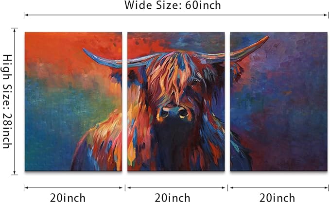 Cow Canvas Wall Art Abstract Highland Cow Painting 3 Panels Texas Longhorn Posters and Prints for Living Room Home Office Bar Toilet Bedroom Guest Room Decoration, Framed 60" L x 28" W