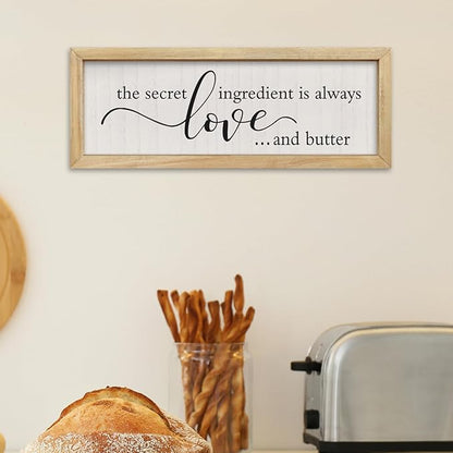 comurdyo Kitchen Wall Decor Simple The Secret Ingredient Is Always Love and Butter Sign 16"×6" Small Modern Farmhouse Dining Room Family Horizontal Hanging Wall Art (Wood)