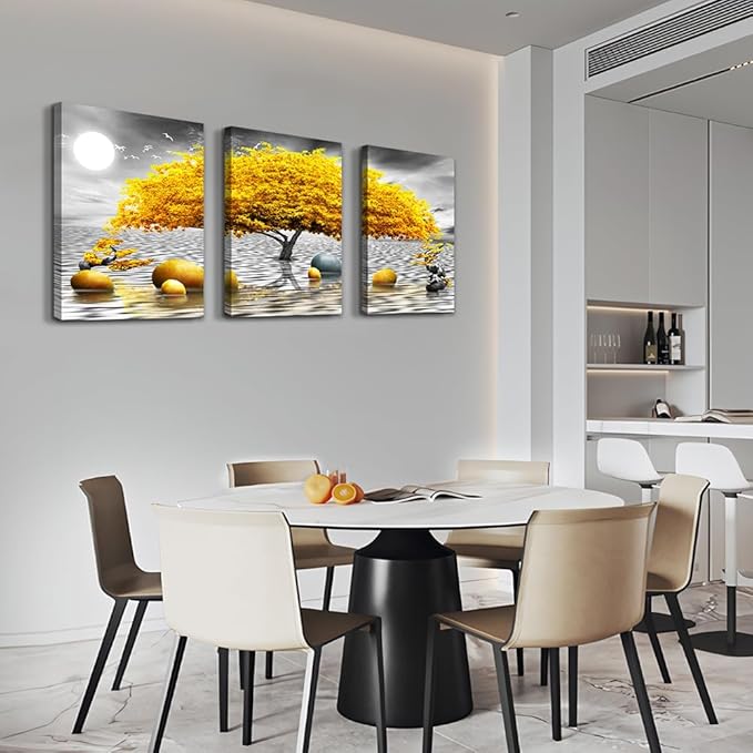 Wall decorations for living room Canvas Wall Art for bedroom Abstract wall decor Black and white Canvas Art Yellow tree paintings bathroom Home Decoration 3 Piece Hang Pictures Office Wall Artworks