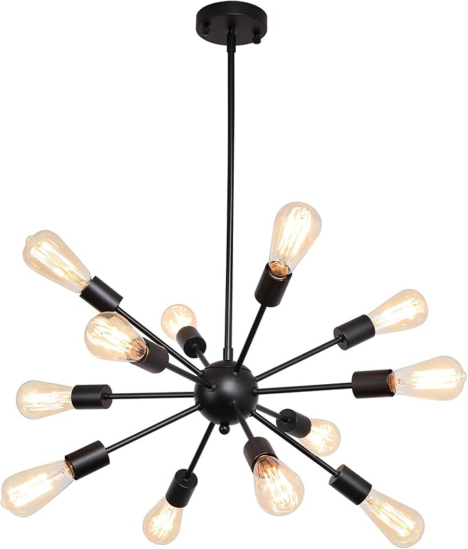 LIGHTDAMY Sputnik Chandeliers Black, Modern 12-Light Farmhouse Pendant Light Mid Century Lighting Vintage Industrial Ceiling Hanging for Living Dining Room, Bedroom, Kitchen Island, Foyer