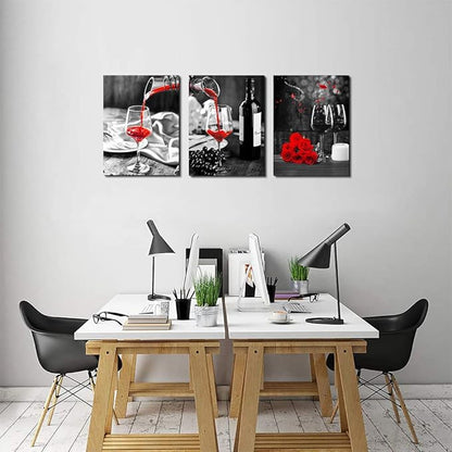 Kitchen Wall Art for dining room Wall Decor Still life Black and white Canvas art Prints Wine barrel bar Red rose painting modern family wall decorations restaurant bedroom Decor Artwork 3 piece set