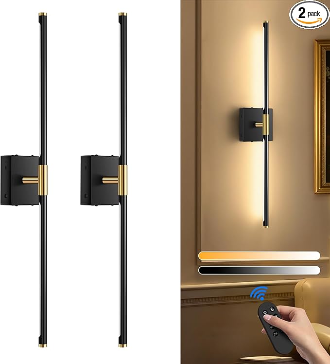 SAIMAND Wireless Sconces Set of 2 Battery Operated,8000mAh USB Rechargeable Wall Light with Remote Control,3000K-6000K LED Dimmable Wall Lamp for Living Room, Hallway, Bedroom (Black+Gold)