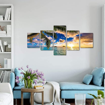 Sunrise 5 Pieces Wall Decor Beaches Wall Art Ocean Scenic Nature Photography Pictures HD Print on Canvas Office Home Decor for Living Room Aisle Bedroom Bathroom Wall Decoration Framed Ready to Hang - 50''W x 24''H