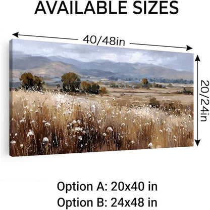 BQVCT Rustic Landscape Canvas Wall Art 20x40 Inch Field with Wildflowers and Mountains Giclee Print on Stretched Canvas, Nature Scenery Wall Decor for Living Room, Bedroom, Office