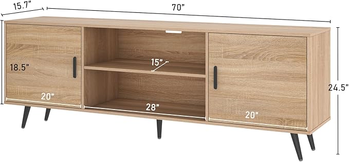 Mid Century Modern TV Stand - 70" for 75" TV, Wood with Storage, Entertainment Center for Living Room & Bedroom, Media Console, Oak