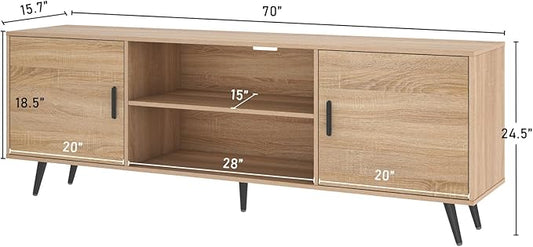Mid Century Modern TV Stand - 70" for 75" TV, Wood with Storage, Entertainment Center for Living Room & Bedroom, Media Console, Oak